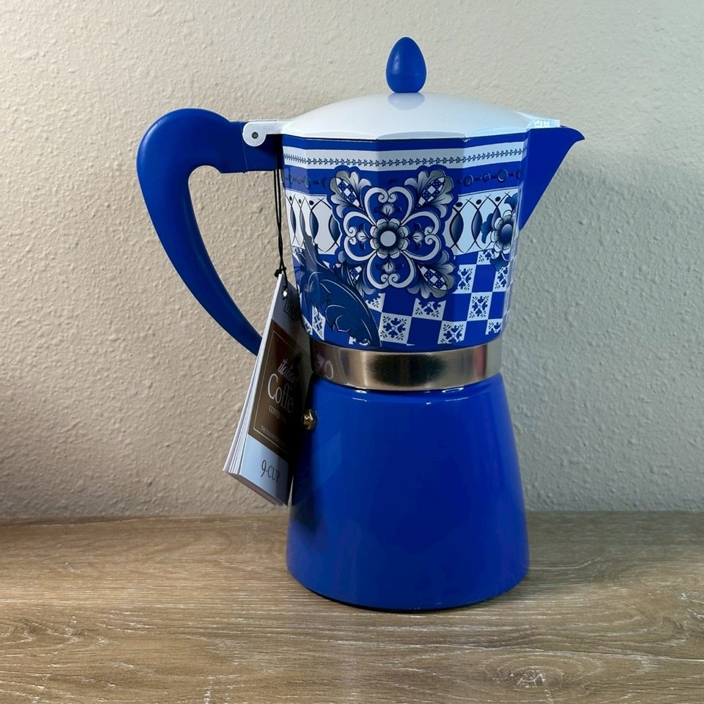 Brandani 9 Cup Italian Coffee Maker Aluminum Moka Pot Sicilian Pattern Blue - Picture 5 of 7